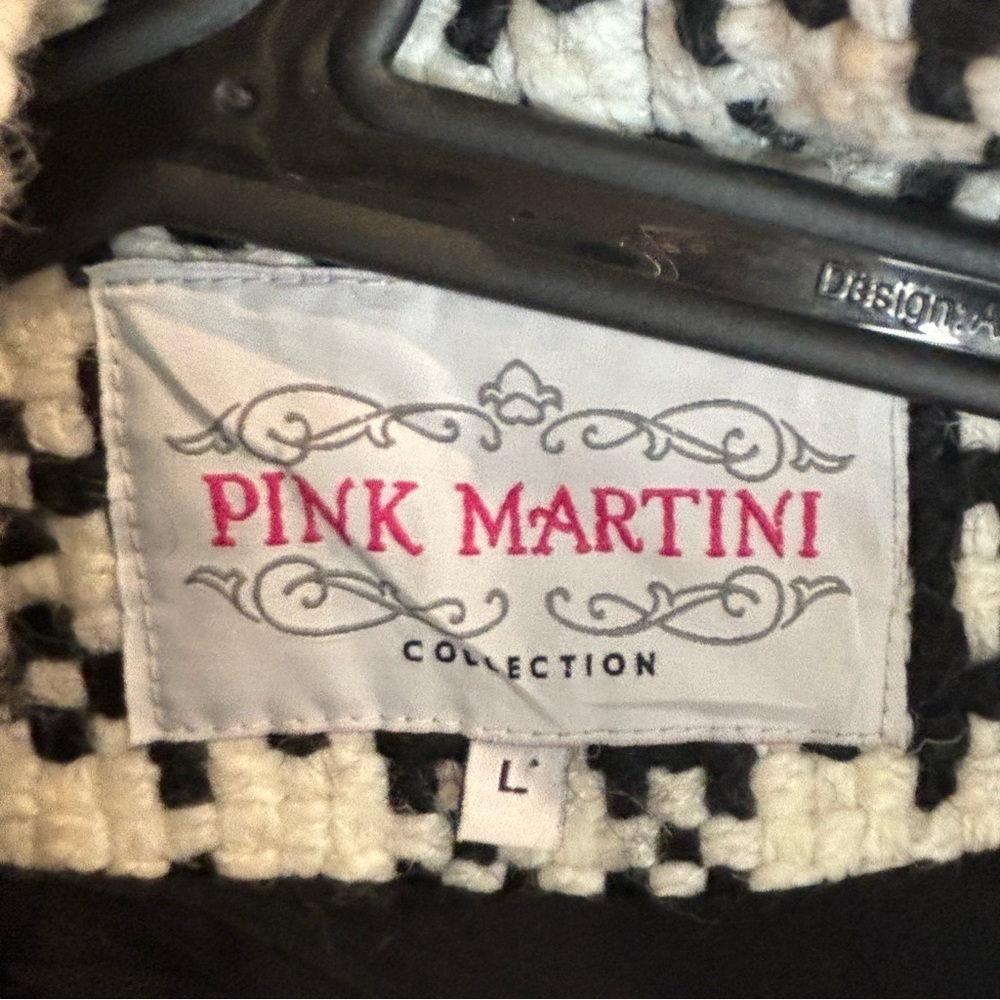 PINK MARTINI Sz L Open Front Houndstooth Belted Trimmed Cascade Lined Jacket - Picture 5 of 10